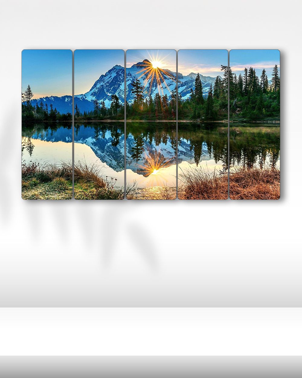 Göl Manzarası, Dağ, Güneş - 5 Parçalı Tablo