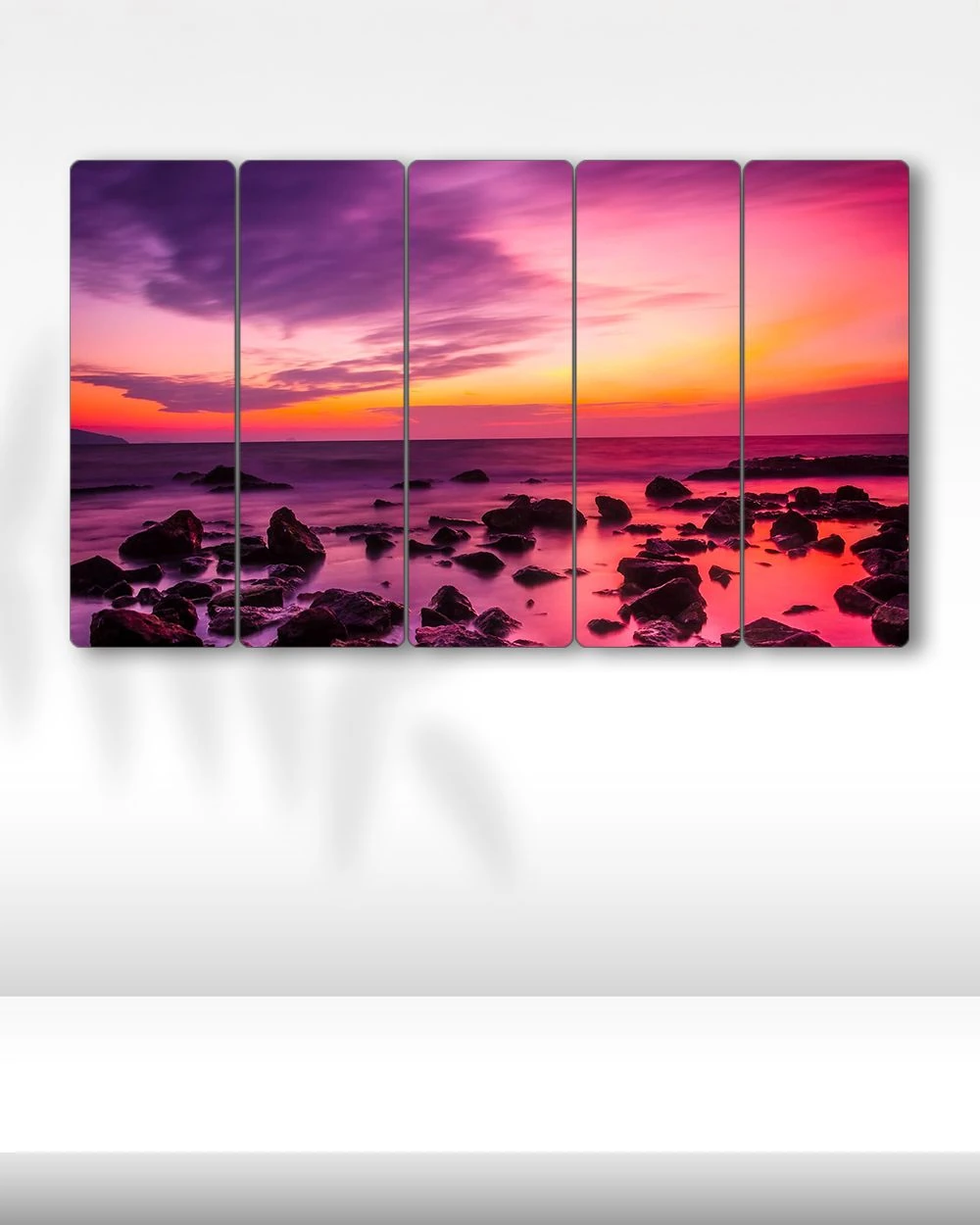 Sahildeki Kayalıklar, Kumsal, Günbatımı- 5 Parçalı Tablo