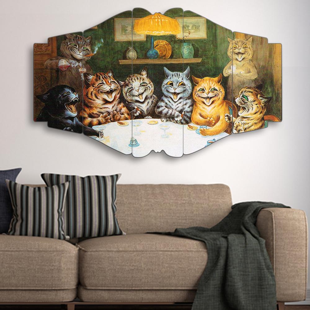 Kedi Sofrasında Kahkaha - 5 Parçalı Tablo