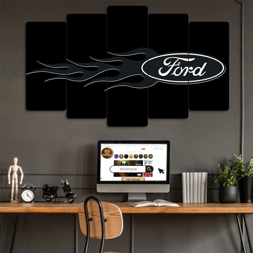 Ford Logo Alev Desenli - 5 Parçalı Araba Tablo