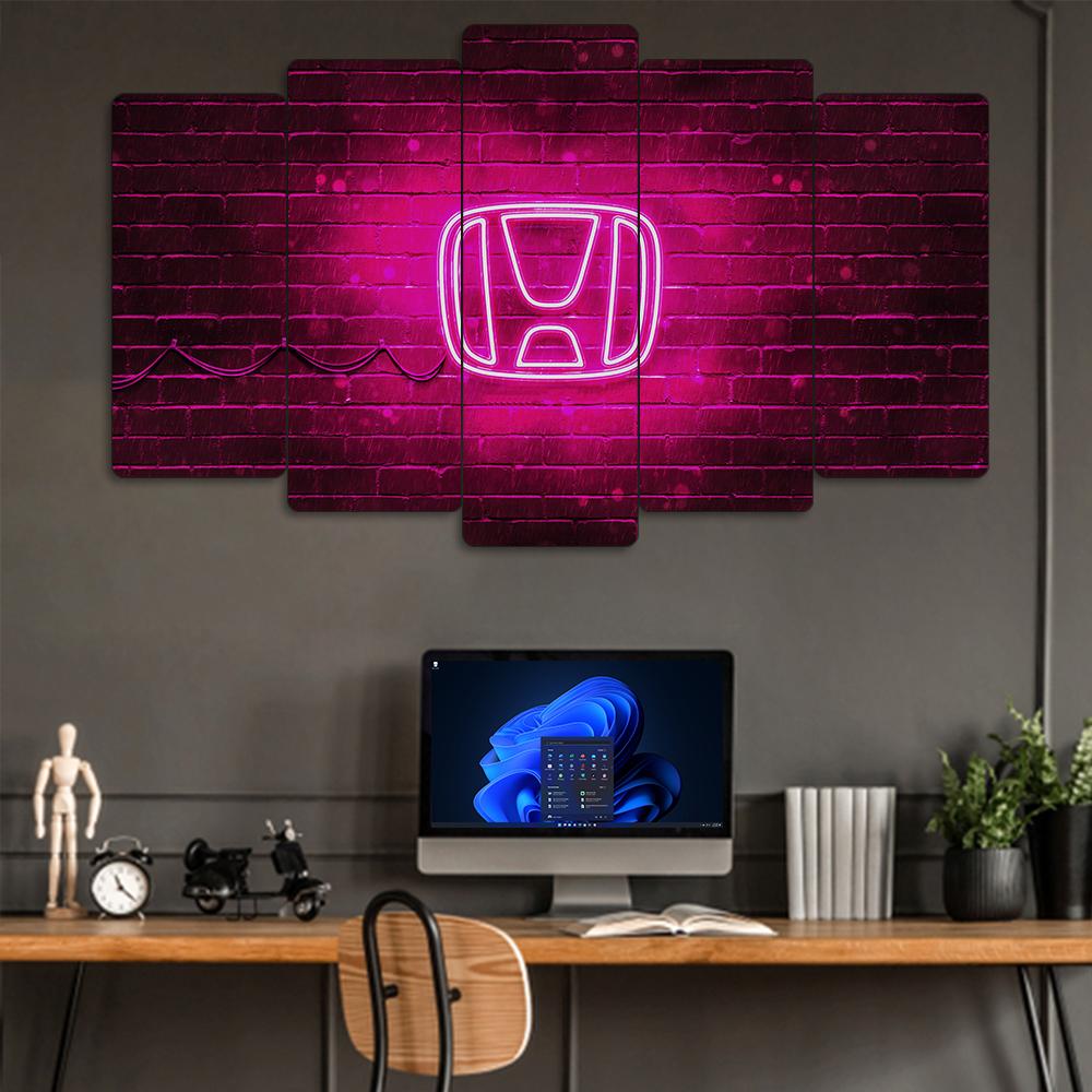 Honda Logo Neon Pembe - 5 Parçalı Araba Tablo