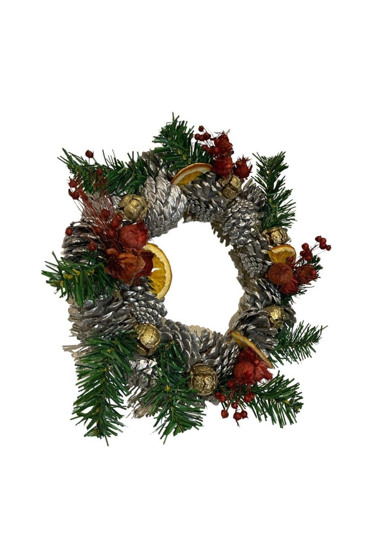 New Year Door Ornament Wreath 25cm Silver Pinecone, Orange, Wall Decoration, New Year, Party Entertainment