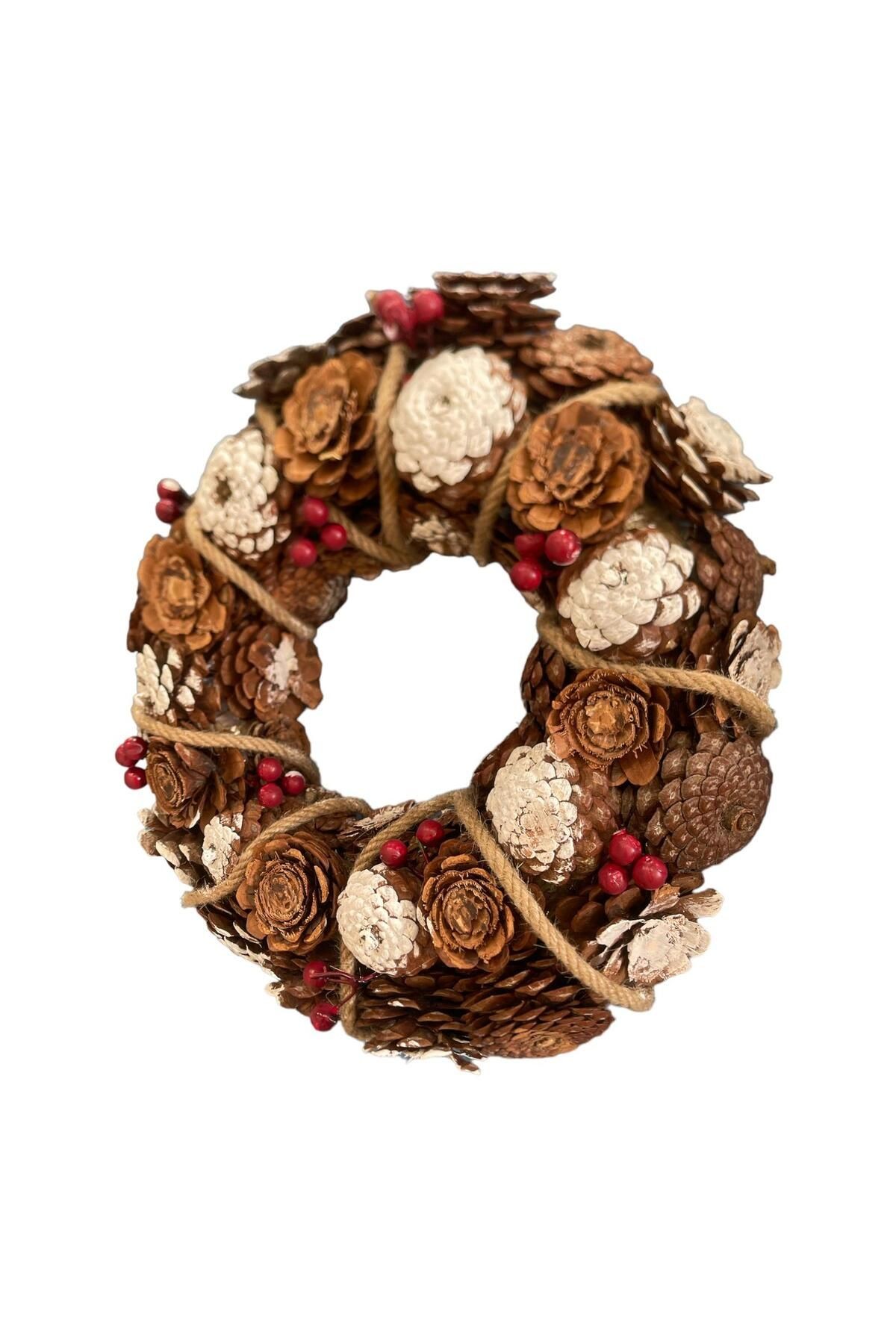 Yılbaşı Kapı Süsü Duvar Derkor Masaüstü - Doğal Kızılçam Çelenk 40cm - Pine cone rose