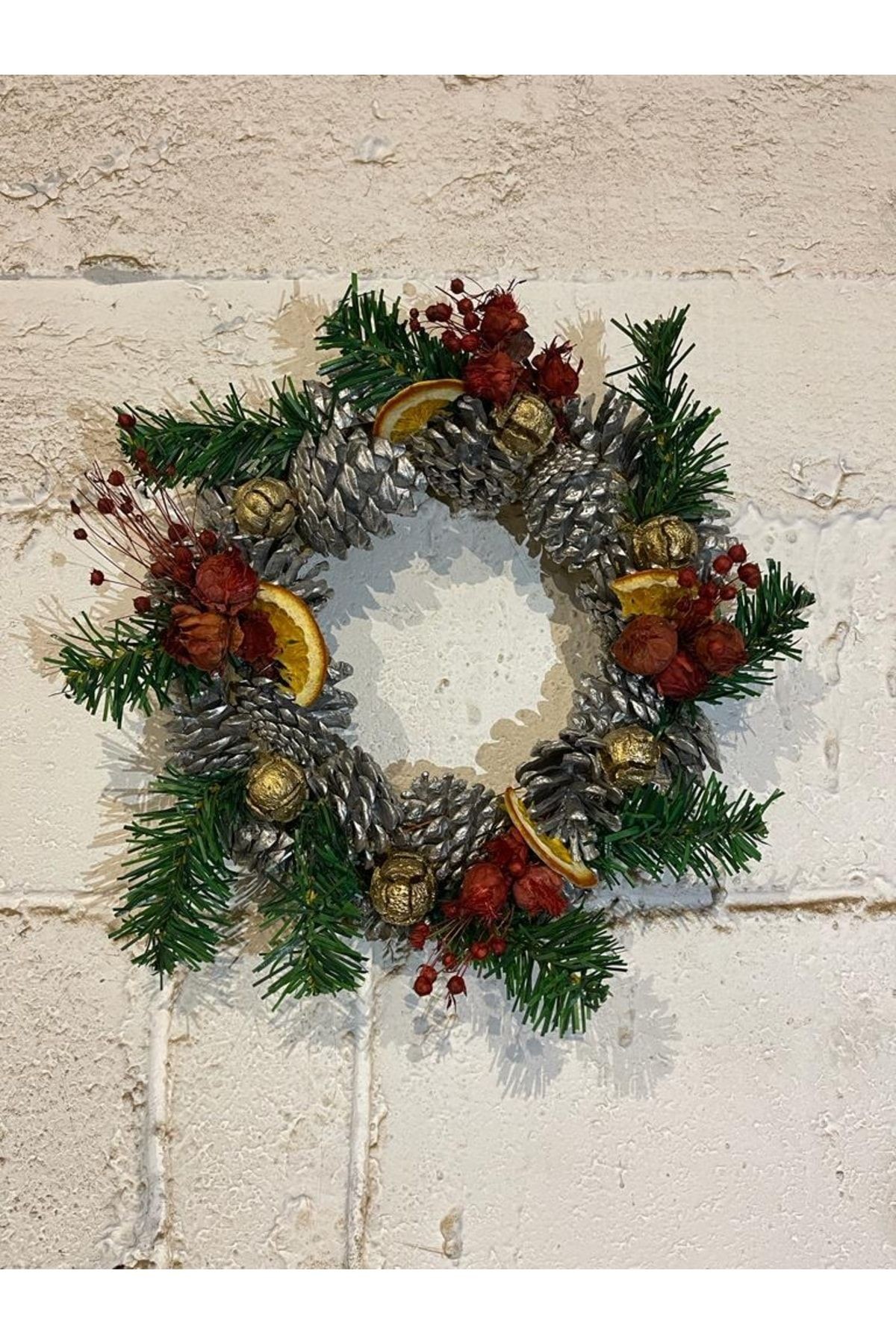 New Year Door Ornament Wreath 25cm Silver Pinecone, Orange, Wall Decoration, New Year, Party Entertainment