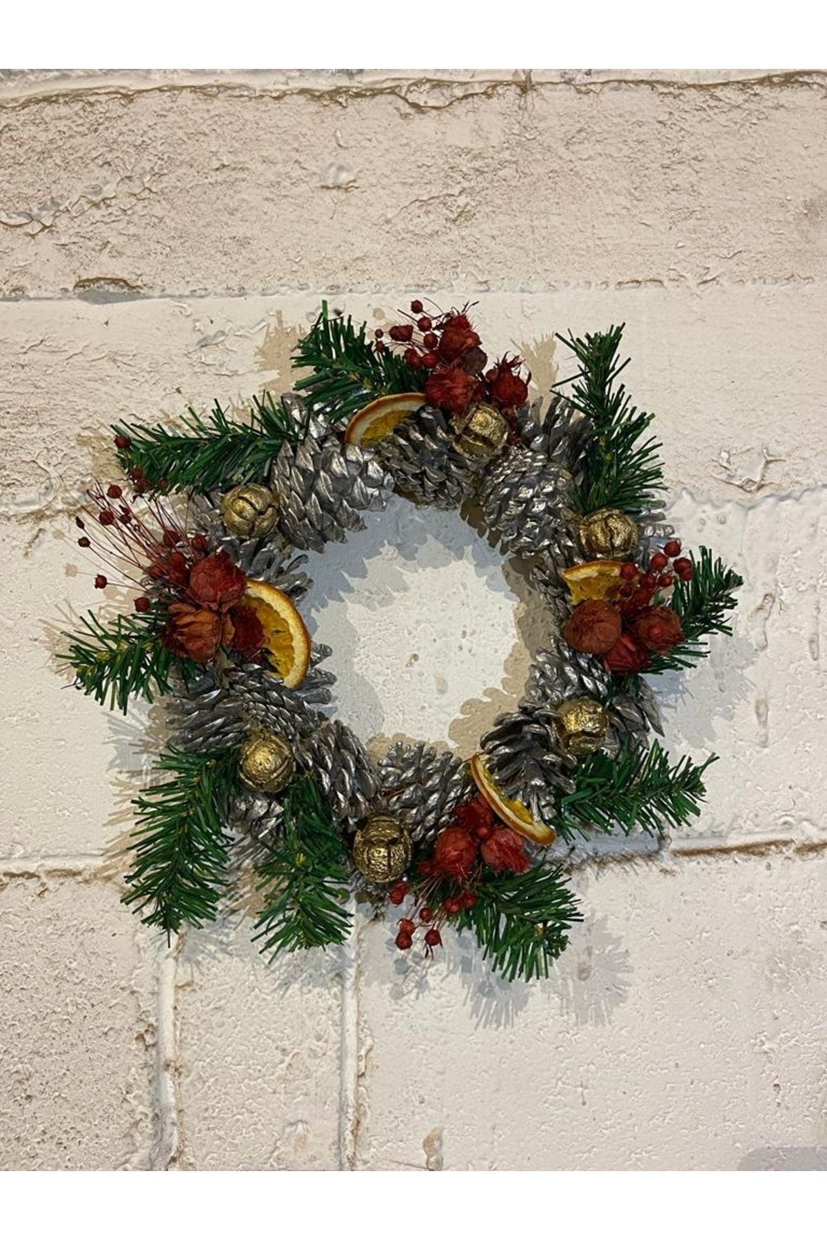 New Year Door Ornament Wreath 25cm Silver Pinecone, Orange, Wall Decoration, New Year, Party Entertainment