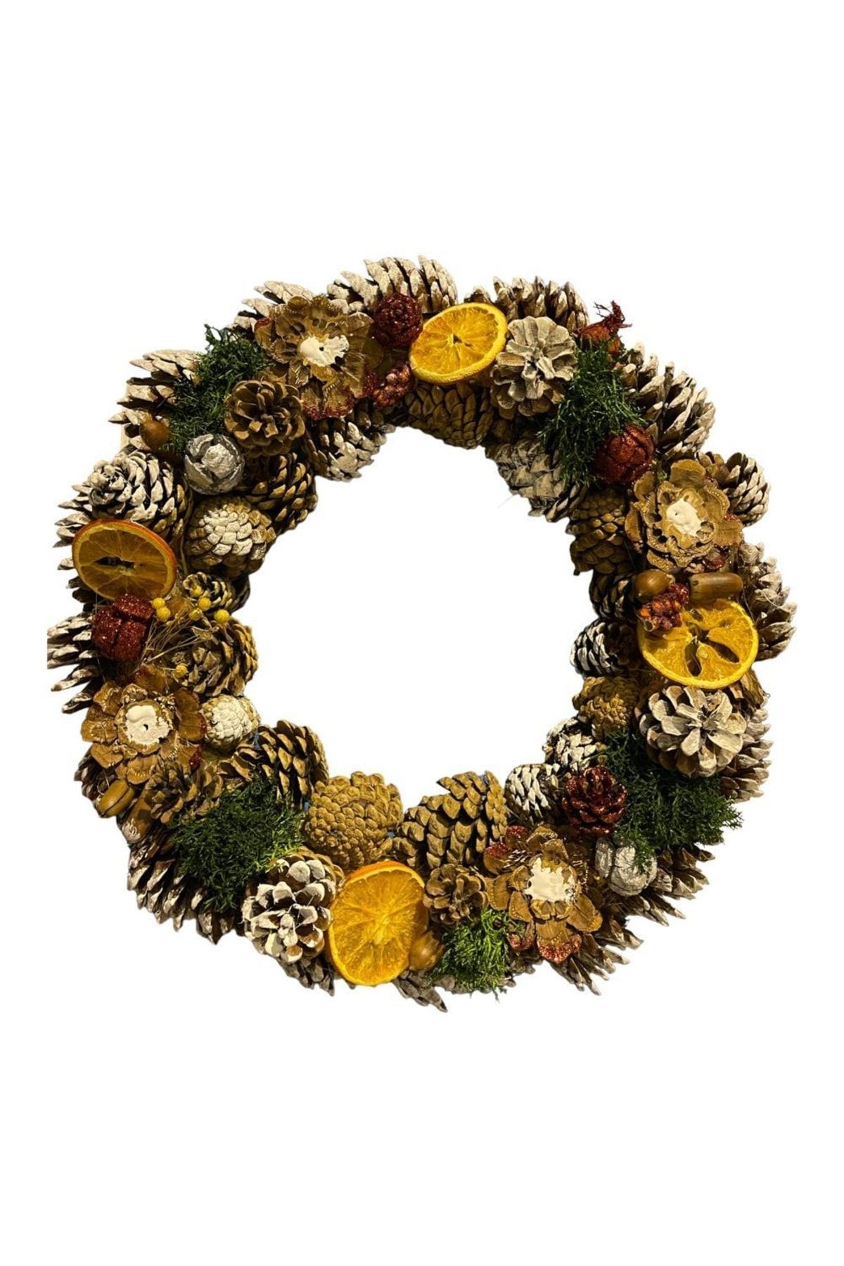 New Year's Door Wall Ornament Orange Wreath - Terrarium-red Glitter. Pinecone Hobby Decoration