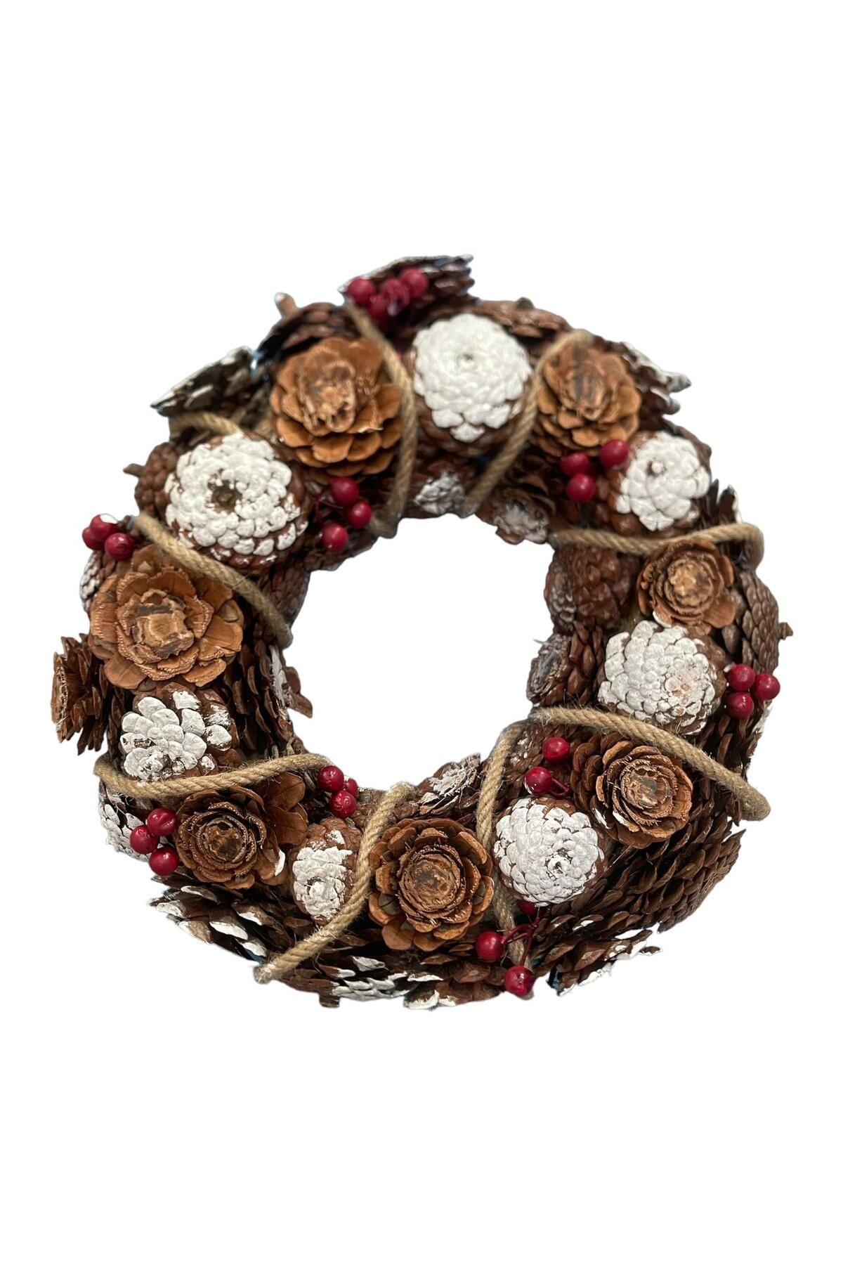 Yılbaşı Kapı Süsü Duvar Derkor Masaüstü - Doğal Kızılçam Çelenk 40cm - Pine cone rose