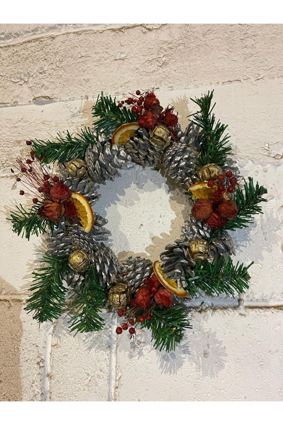 New Year Door Ornament Wreath 25cm Silver Pinecone, Orange, Wall Decoration, New Year, Party Entertainment