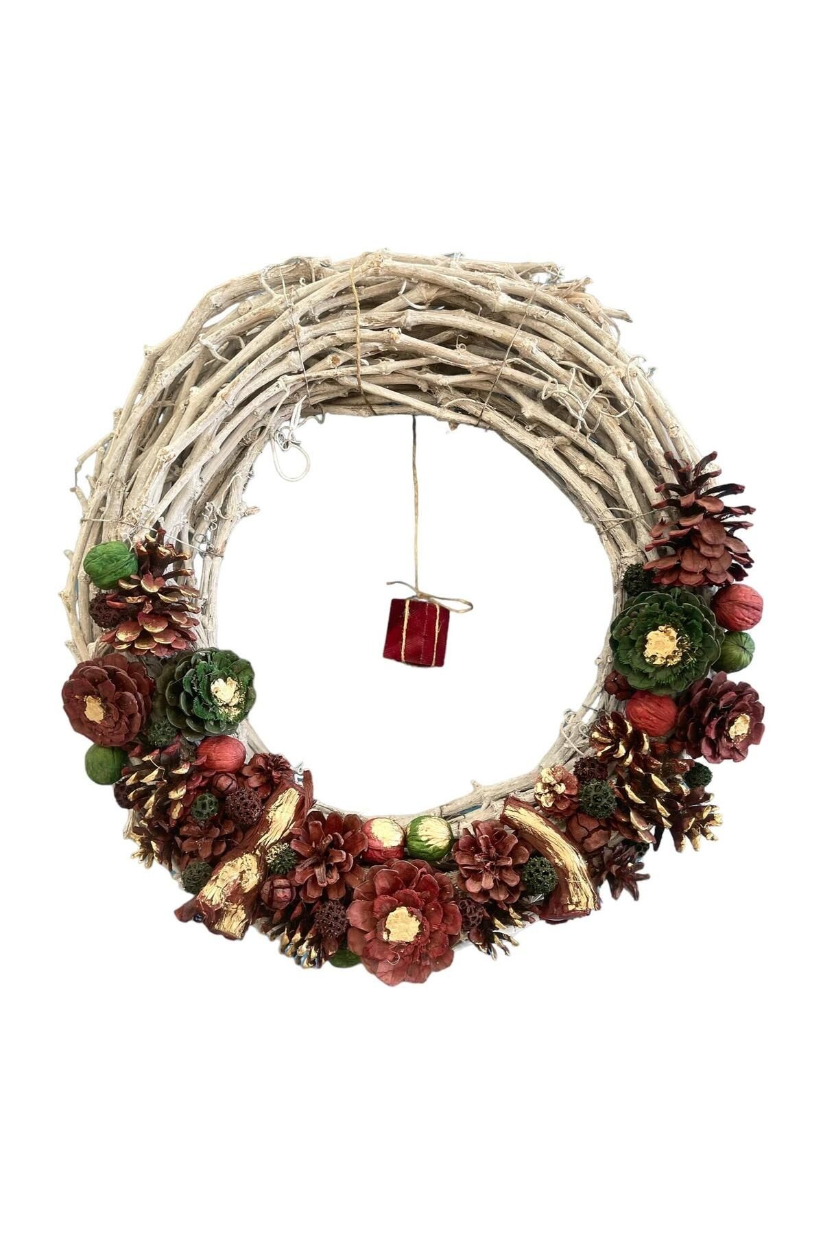 YILBAŞI BÜYÜK KAPI SÜSÜ 50CM - NATURAL - NOEL - PARTİ EĞLENCE ASMA ÇELENK HEDİYELİK