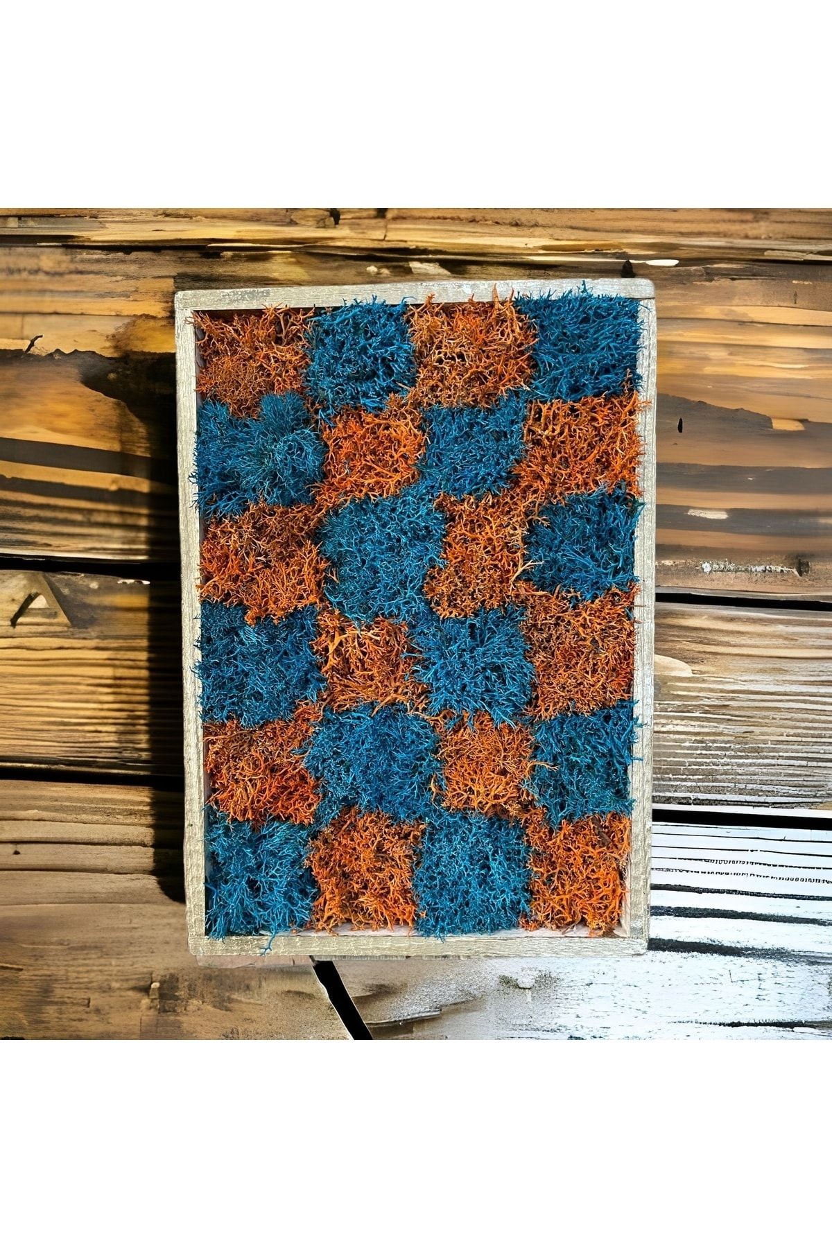 Natürliche Malerei, gefrostet, norwegisches Moos, kariert, orange, blau, Geschenk, Wandtür, Tischdekoration, 20 x 30 cm