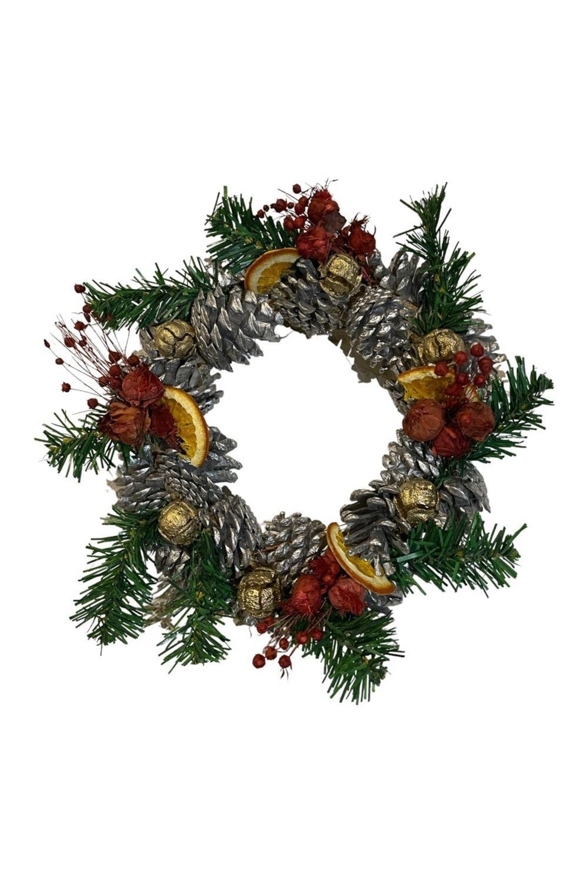 New Year Door Ornament Wreath 25cm Silver Pinecone, Orange, Wall Decoration, New Year, Party Entertainment