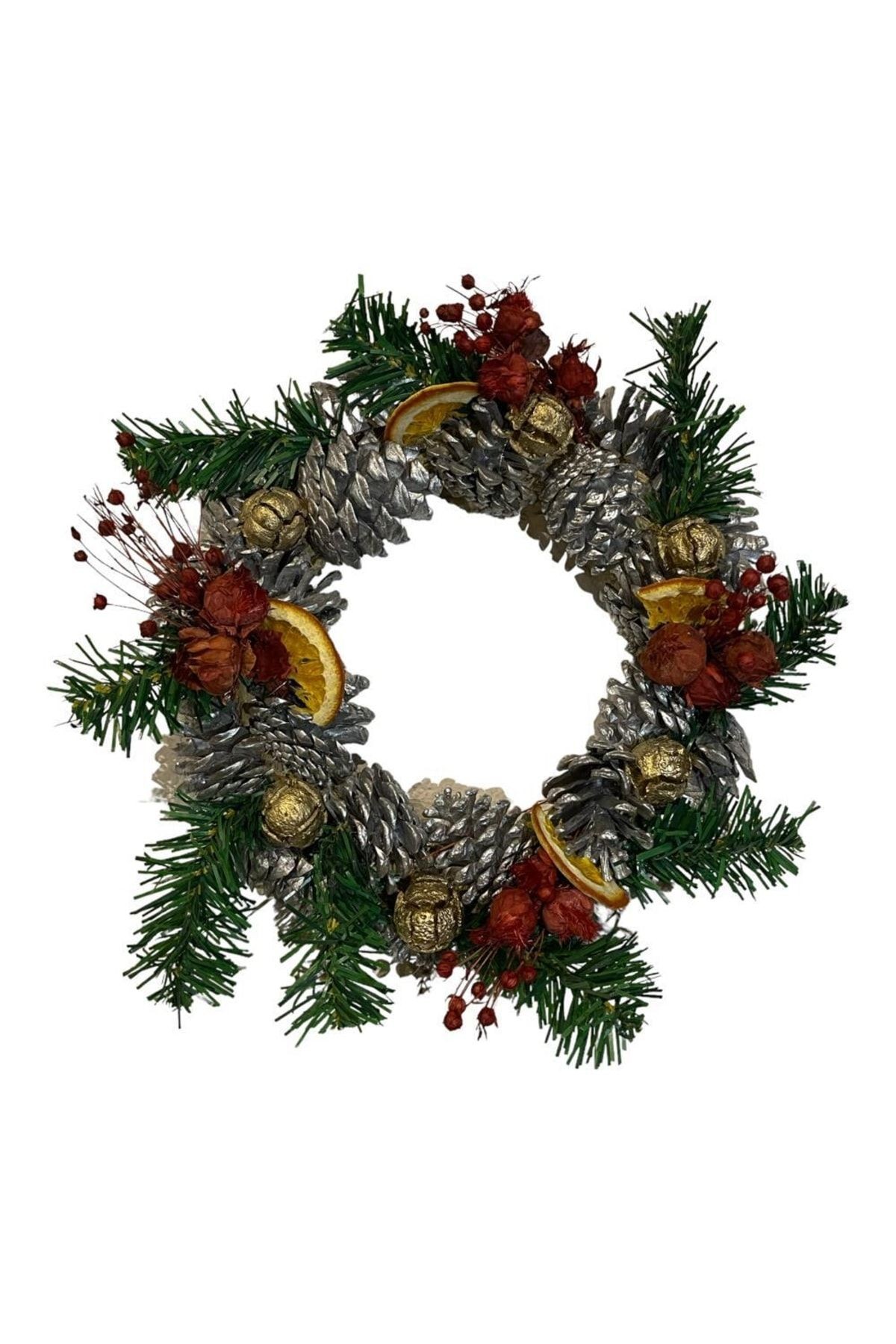 New Year Door Ornament Wreath 25cm Silver Pinecone, Orange, Wall Decoration, New Year, Party Entertainment