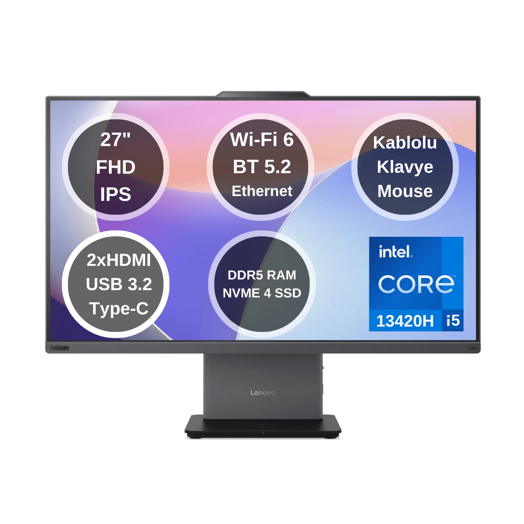 Lenovo ThinkCentre neo 50a Gen 5 Intel Core i5 13420H 16GB 512GB SSD 27" FHD FreeDOS All In One Bilgisayar 12SA000KTR