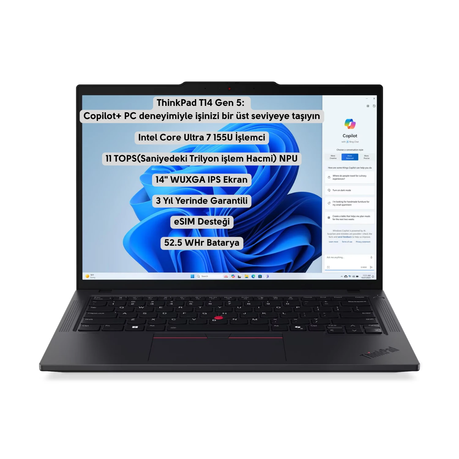 Lenovo ThinkPAD T14 Intel Core Ultra 7 155U 32GB 1TB SSD 14" WUXGA FreeDOS Co Pilot PC 21ML008MTX