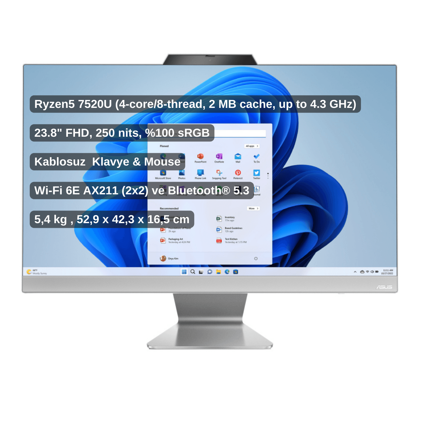 Asus 23.8" M3402WFAK-HBC0120 Ryzen 5 7520U 8GB 512GB SSD 23.8" FHD FreeDOS All In One Bilgisayar