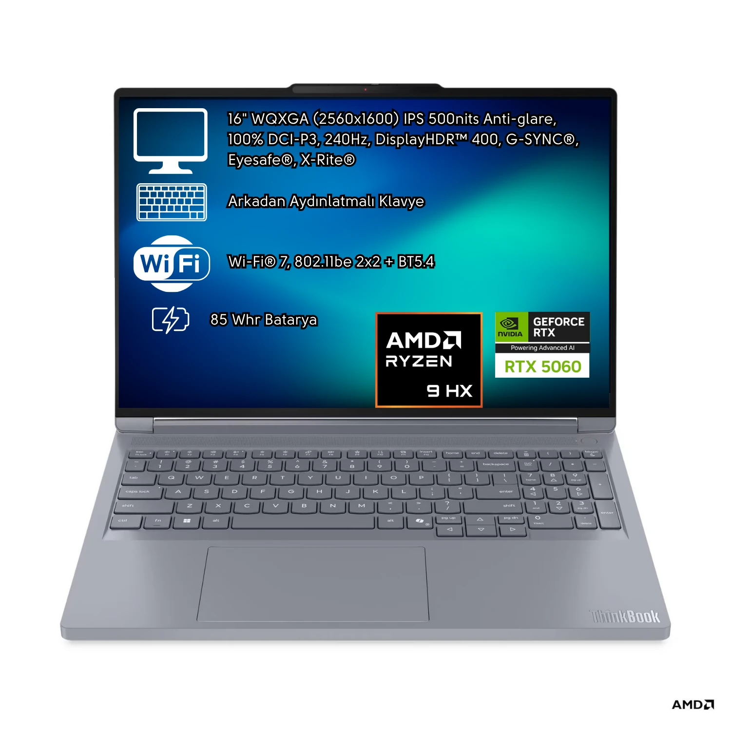 Lenovo ThinkBook 16p G16 ADR AMD Ryzen™ 9 8940HX 32GB 512GB SSD  8GB GDDR7 NVIDIA® GeForce RTX™ 5060 16" WQXGA 500Nits 240 Hz G-Sync EyeSafe FreeDOS Taşınabilir Bilgisayar 21U00014TX