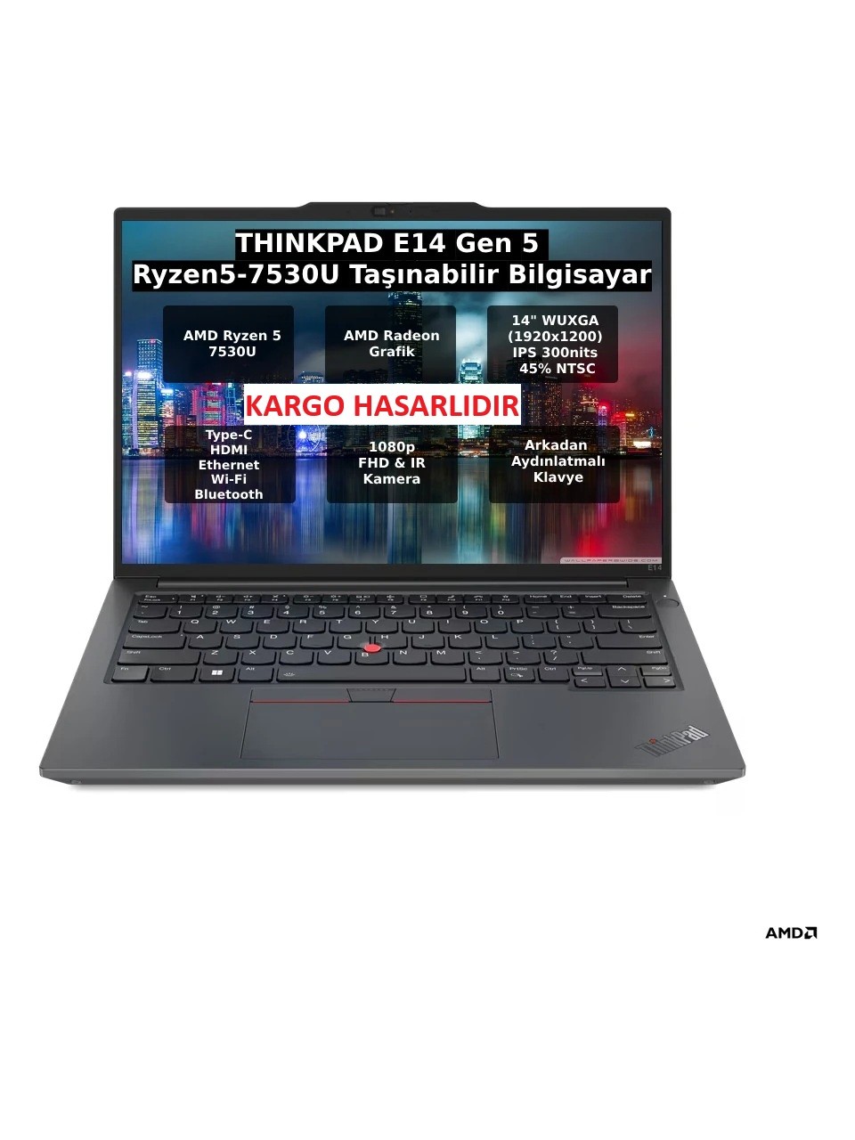 Lenovo Thinkpad E14 Gen 5 Amd Ryzen 5 7530U 16GB 512GB SSD 14" Fhd+ Freedos Taşınabilir Bilgisayar 21JR0009TX(Kargo Hasarlı)
