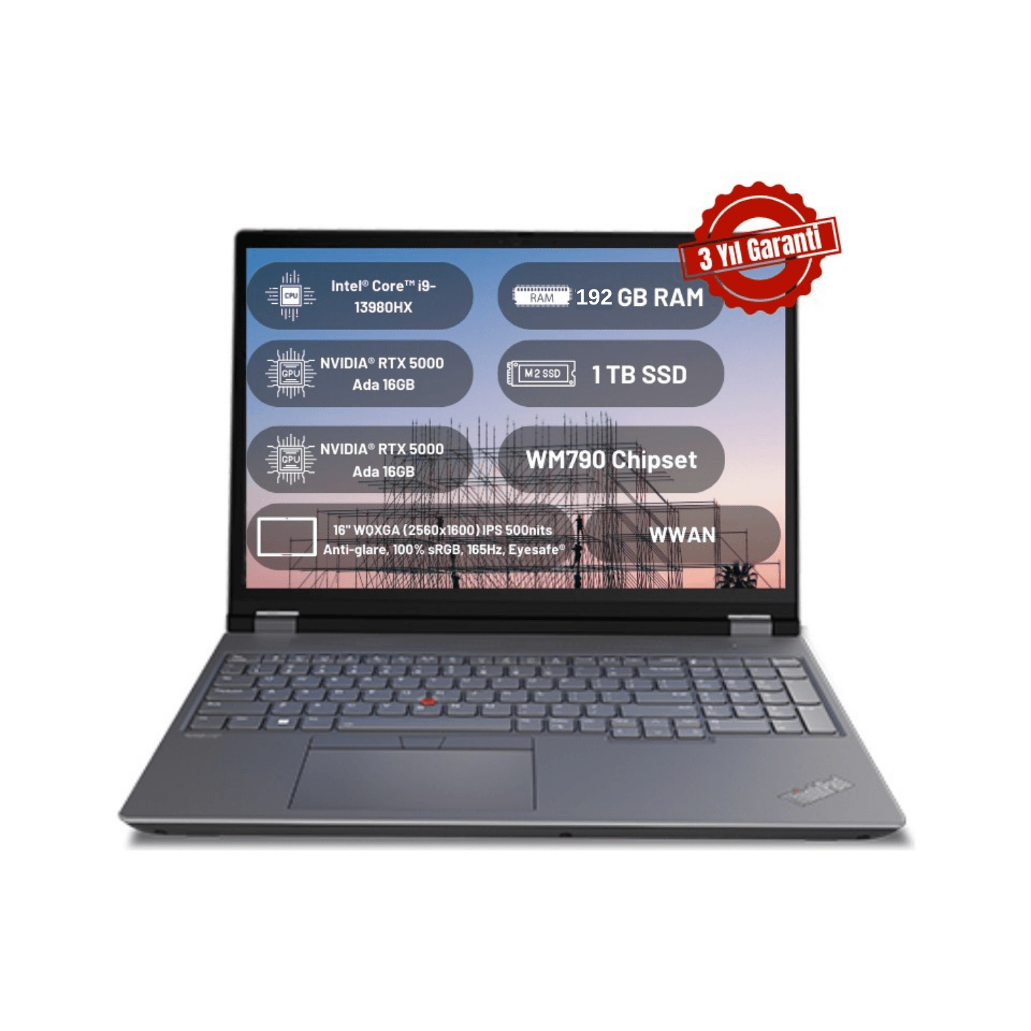 Lenovo Thinkpad P16 Gen 2 Intel Core I9 13980HX 192GB 1tb SSD 16GB Nvıdıa RTX5000ADA WM970 Chipset 16" Wqxga 165Hz 500NITS Windows 11 Pro Taşınabilir Iş Istasyonu 21FA000BTX