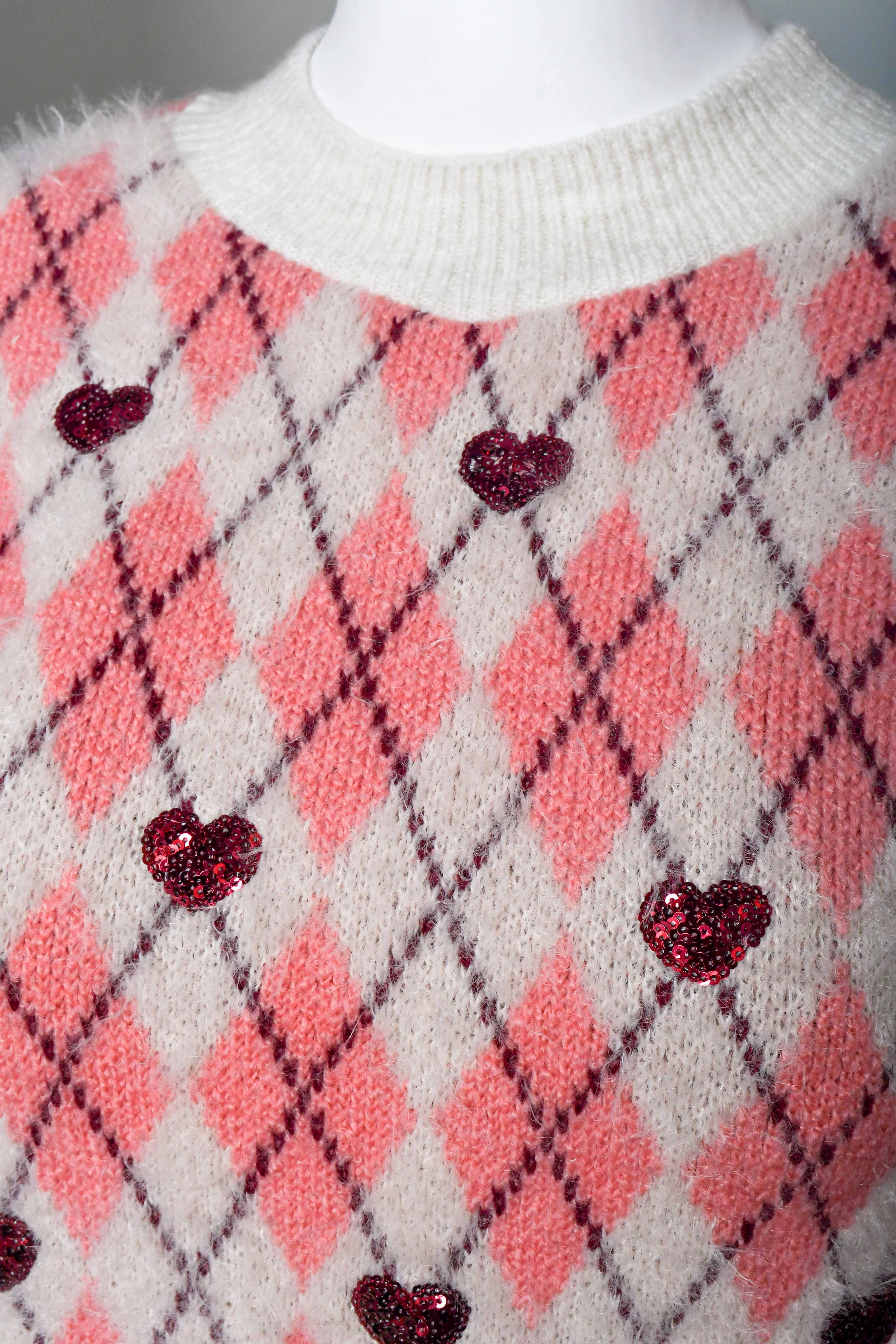 RM-020 Woman Pink & Cream Knit Sweater with Heart Sequin Details