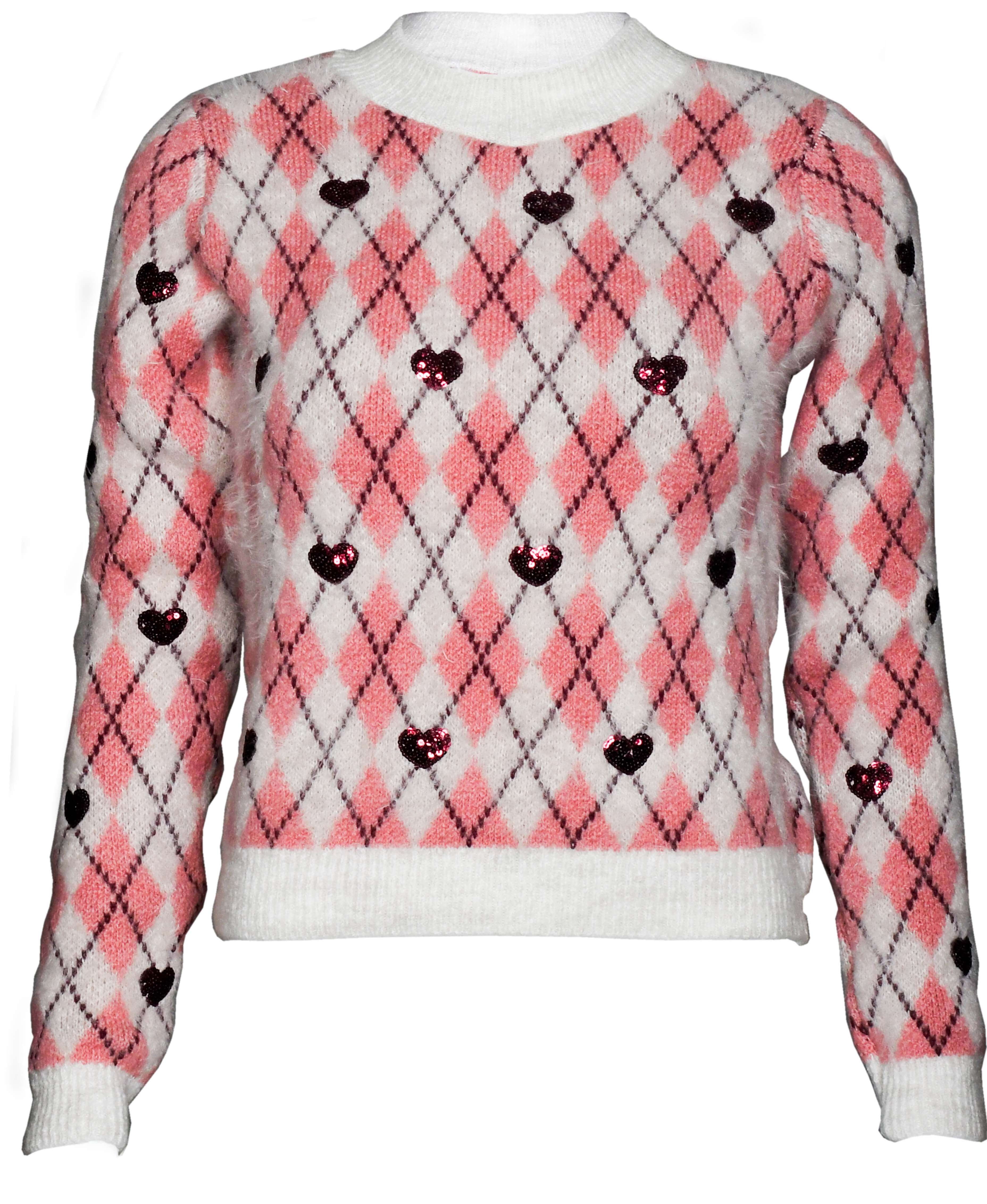 RM-020 Woman Pink & Cream Knit Sweater with Heart Sequin Details