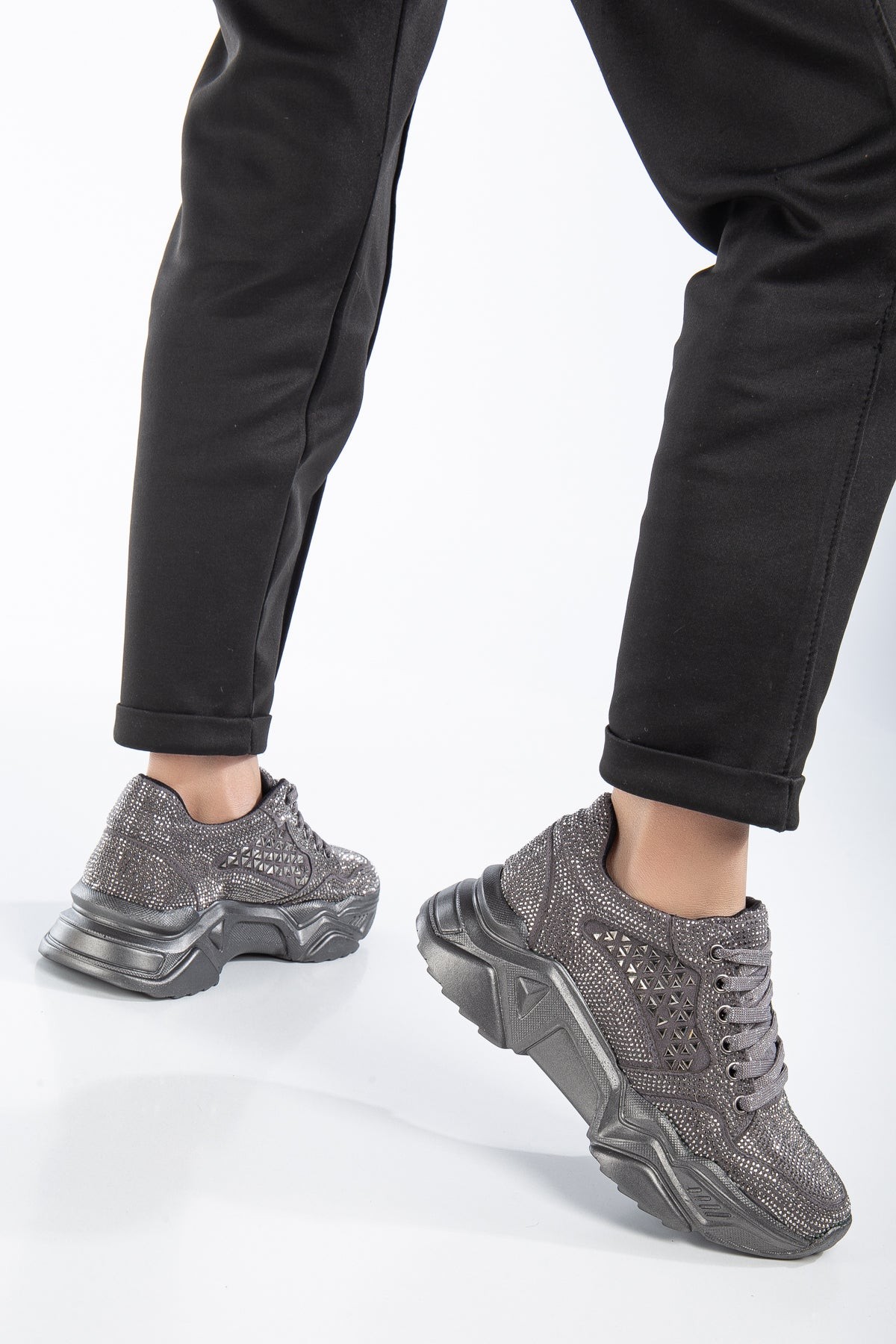 Yüksek Taban Taşlı Kadın Sneaker - Platin