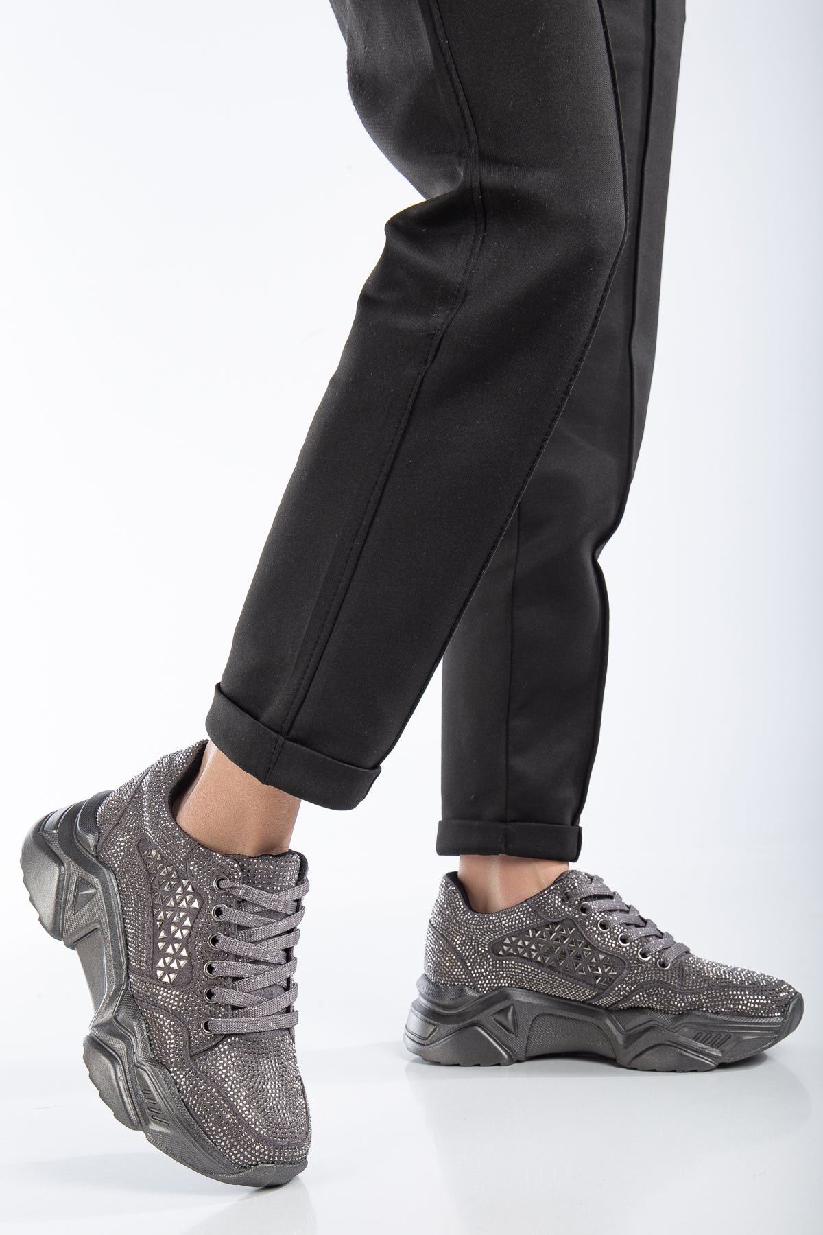 Yüksek Taban Taşlı Kadın Sneaker - Platin