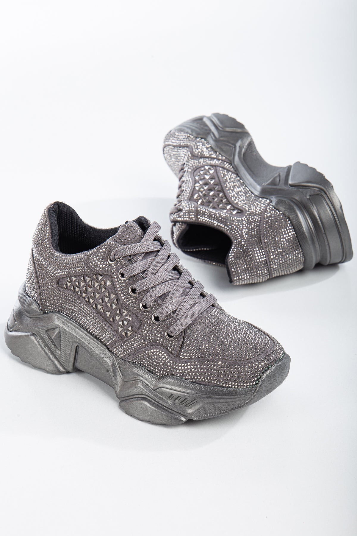 Yüksek Taban Taşlı Kadın Sneaker - Platin