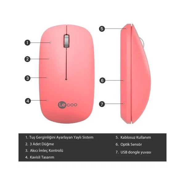 Lenovo LECOO WS214 Pembe Kablosuz 1600dpi Optic Mouse