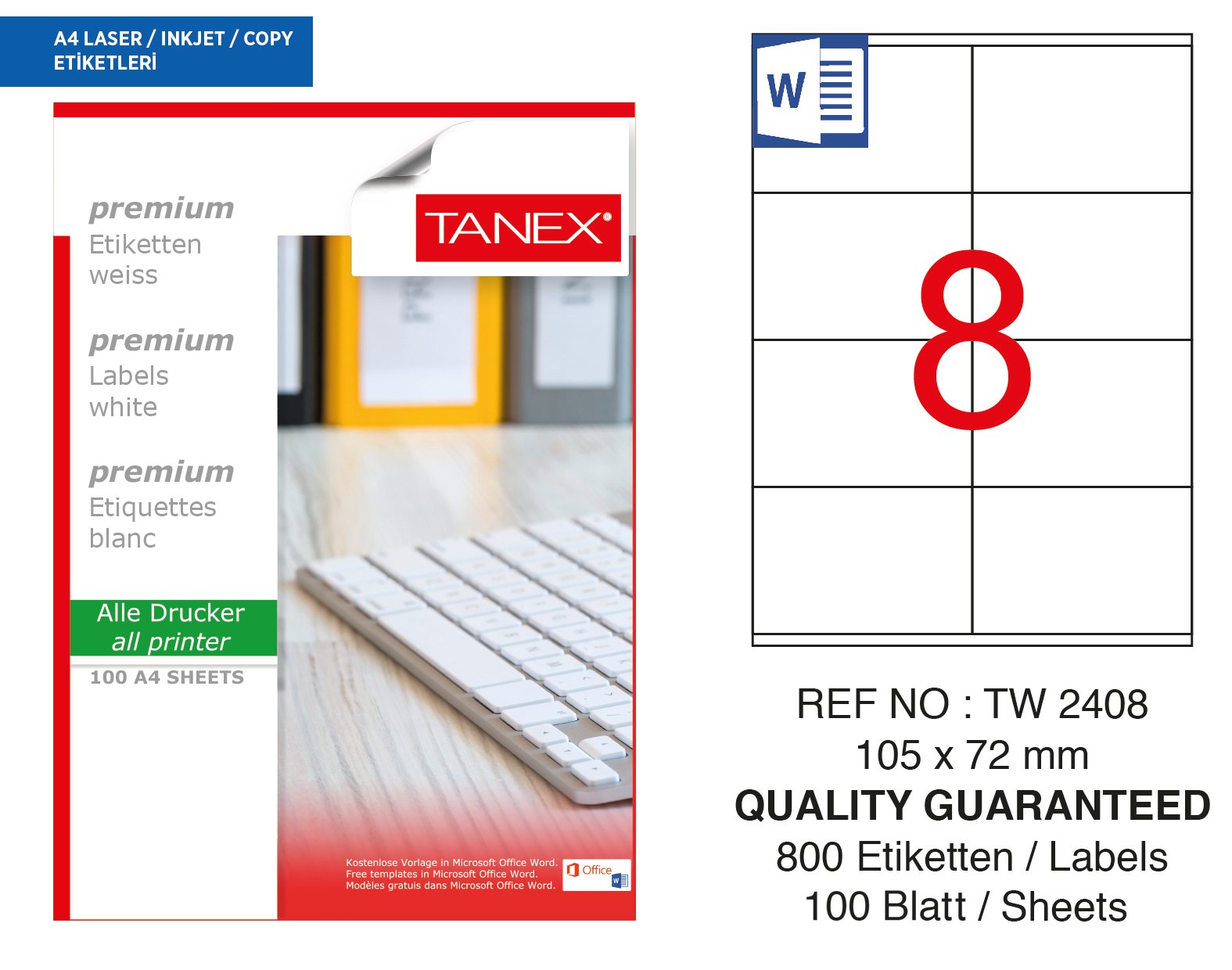 Tanex TW-2408 105x72mm 100 lü Lazer Etiketi