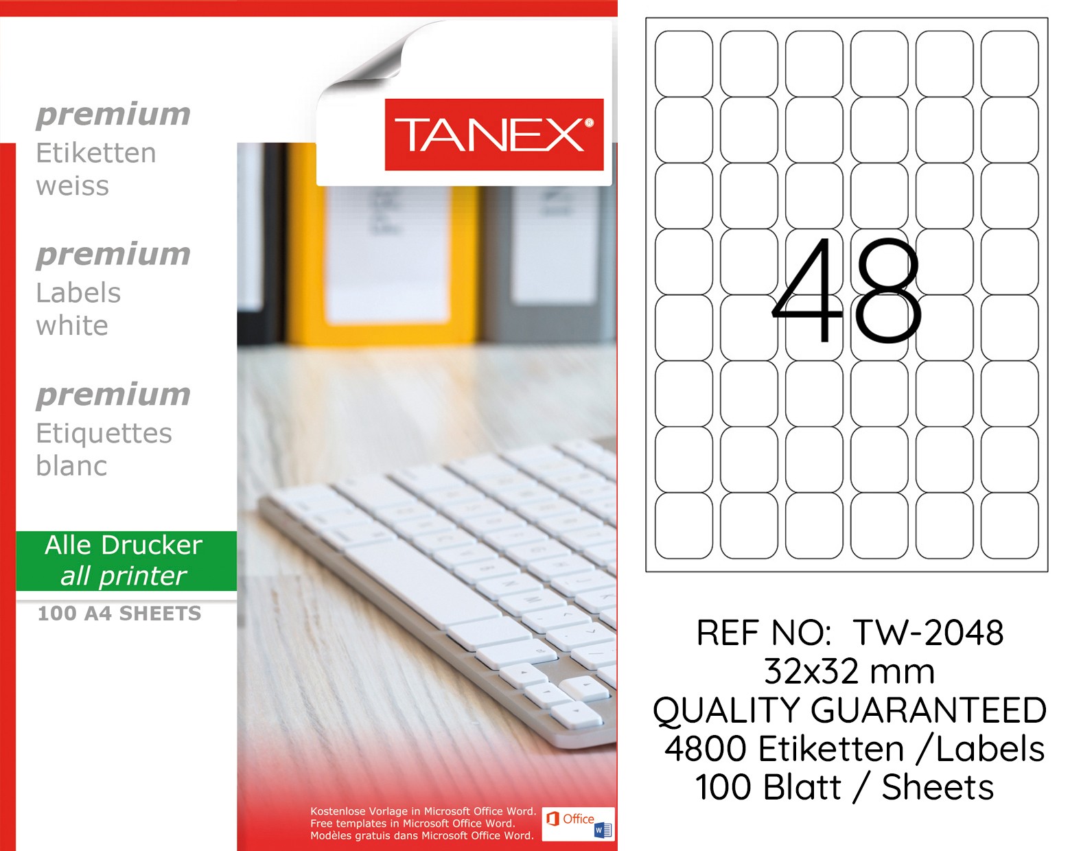 Tanex TW-2048 32x32mm 100 lü Lazer Etiketi