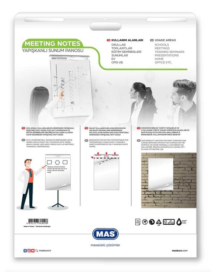 Mas 3691 64x85 25 Yaprak Düz Askılı Flipchart Kağıdı