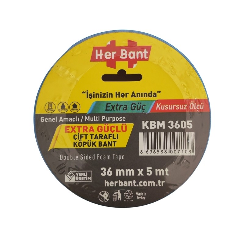 HERBANT 36MM X 5MT ÇİFT TARAFLI KÖPÜK BANT MAVİ SOLVENTLİ