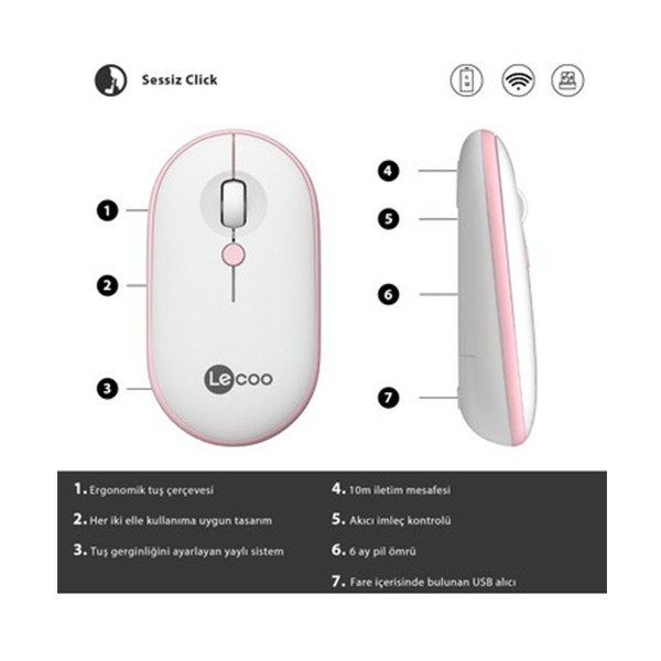 Lenovo Lecoo WS212 Beyaz-Pembe Kablosuz 1600DPI 4 Tuşlu Optik Mouse