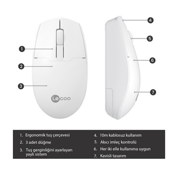 Lecoo Lenovo Ws204 Beyaz Kablosuz 1200dpı 3 Tuşlu Optik Mouse