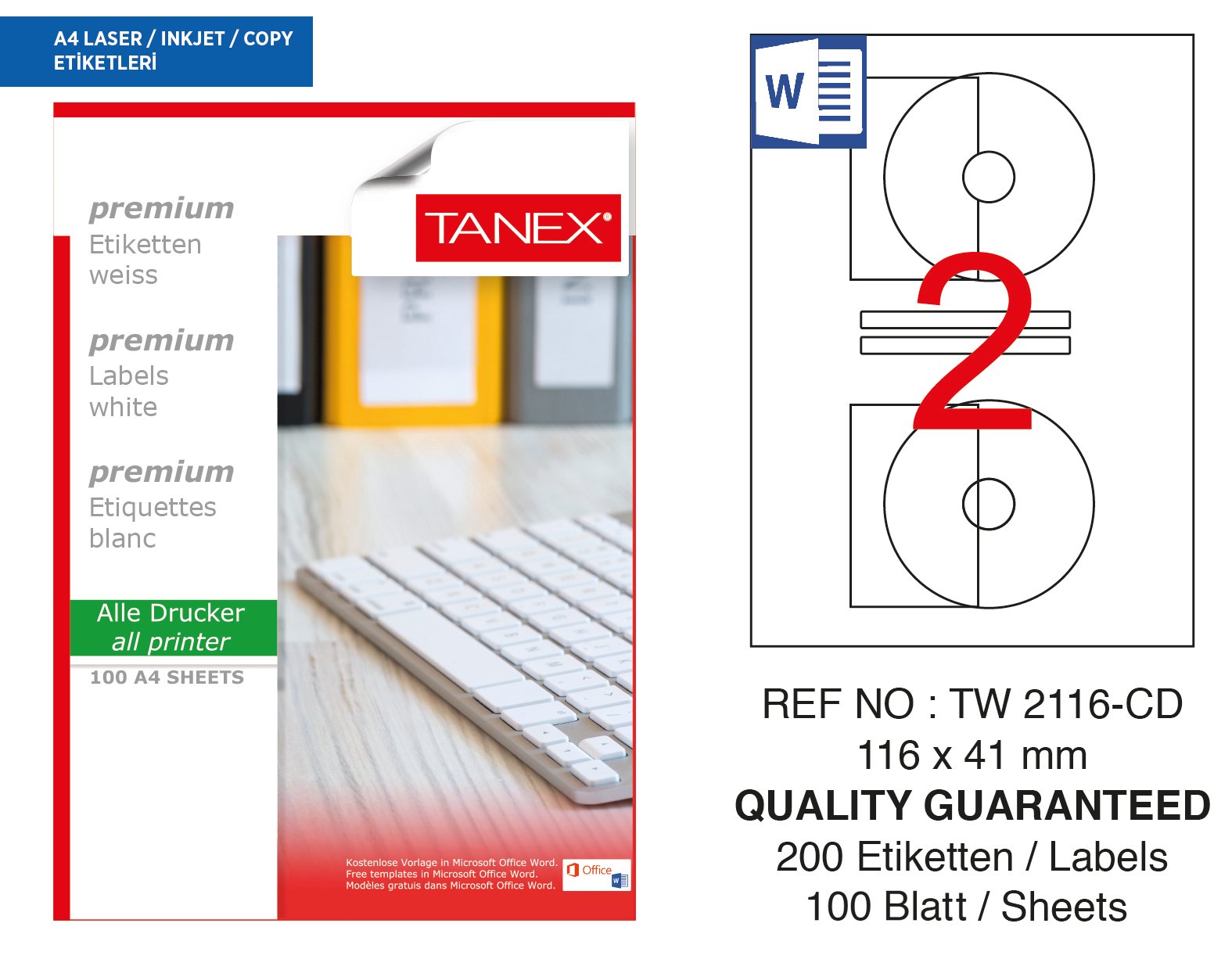 Tanex TW-2116 116x41mm 100 lü Lazer Etiket