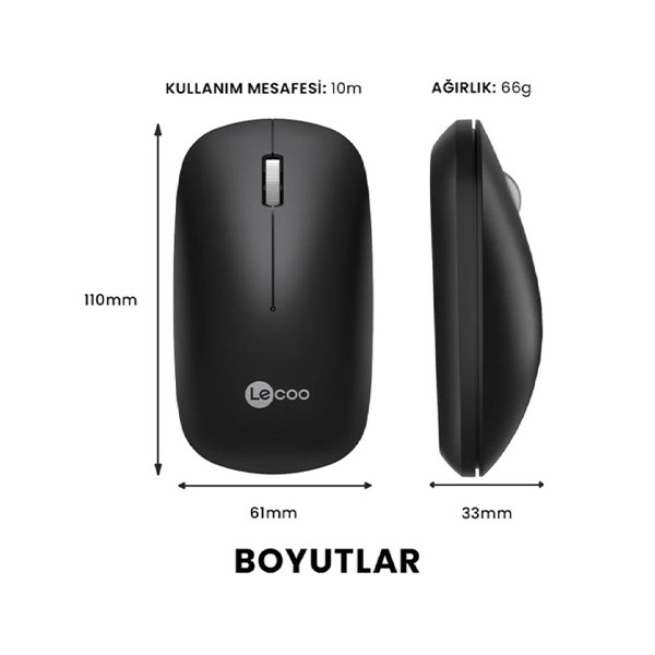 Lecoo WS214 Siyah 1200 DPI 4 Tuşlu Sessiz Kablosuz Mouse