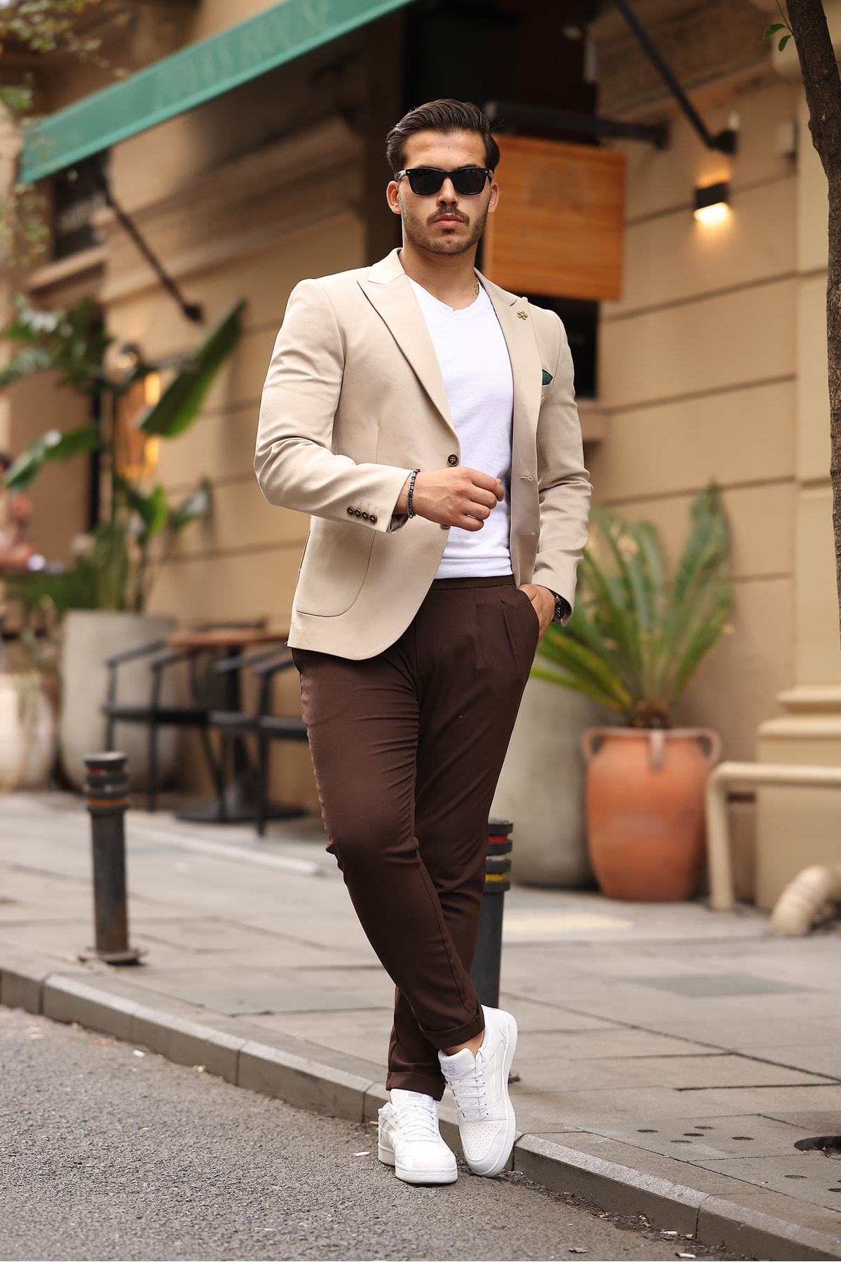 TORBA CEP YARIM GARNİ ASTAR DETAYLI SİVRİ YAKA PREMİUM ERKEK TEK CEKET - Bej