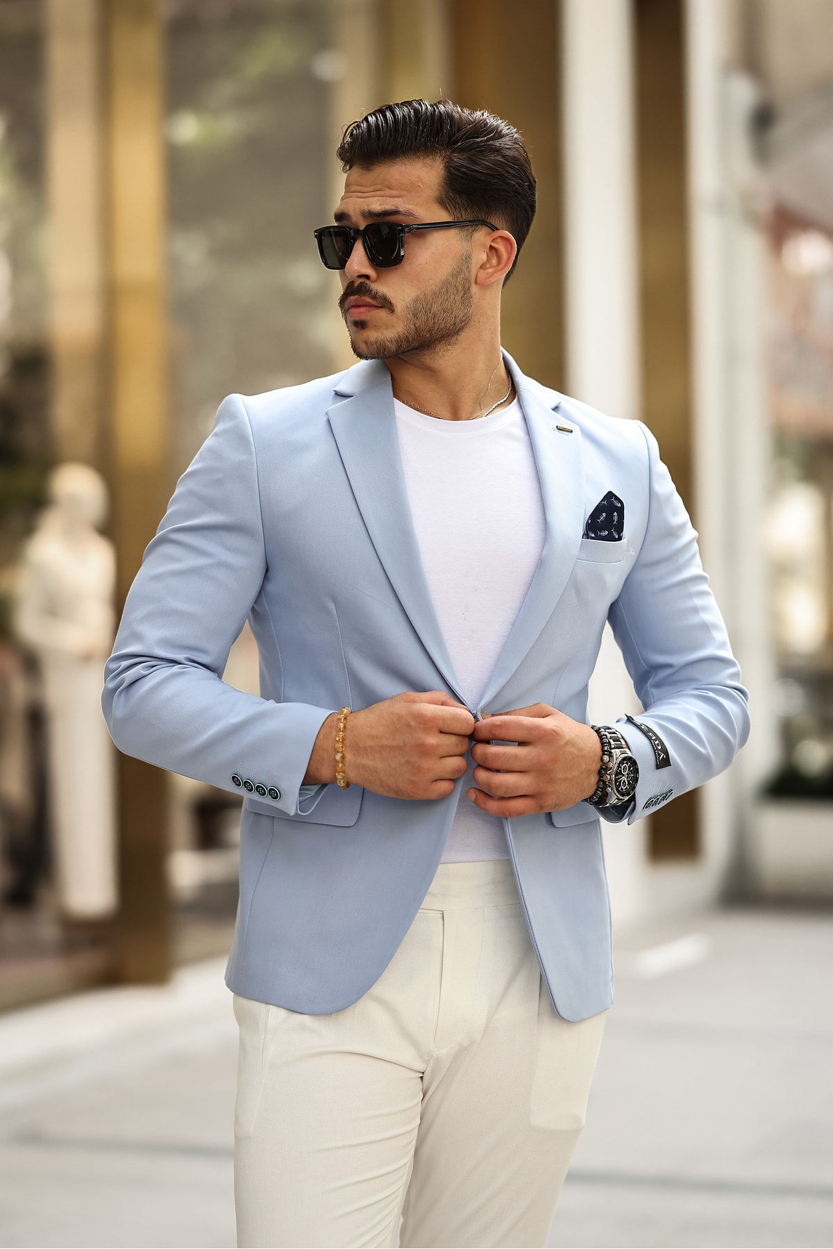 İTALYAN STİL MONO YAKA BLAZER CEKET ERKEK - Bebe Mavisi