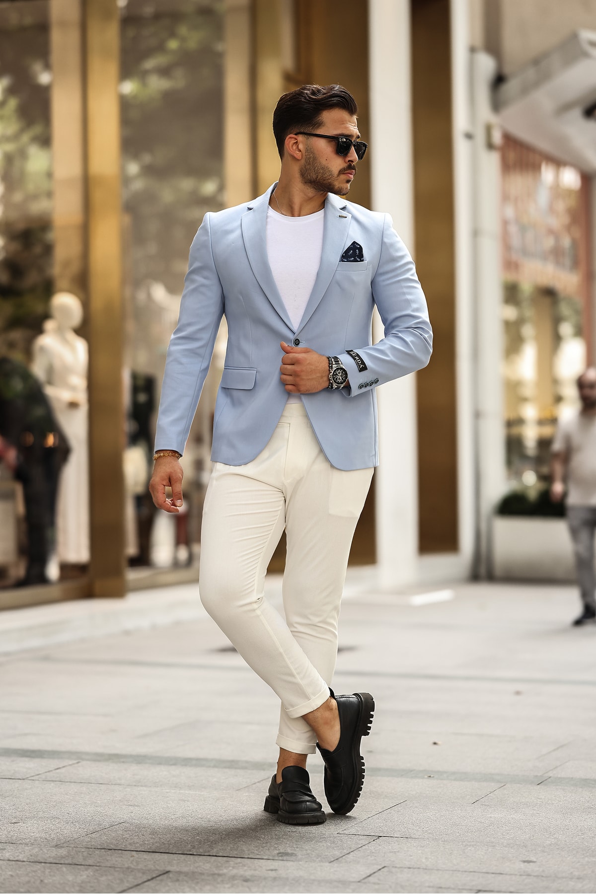 İTALYAN STİL MONO YAKA BLAZER CEKET ERKEK - Bebe Mavisi