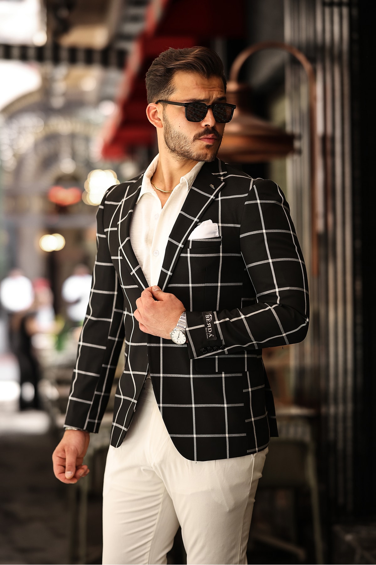 İTALYAN STİL MONO YAKA BLAZER CEKET ERKEK - Beyaz Kareli Siyah