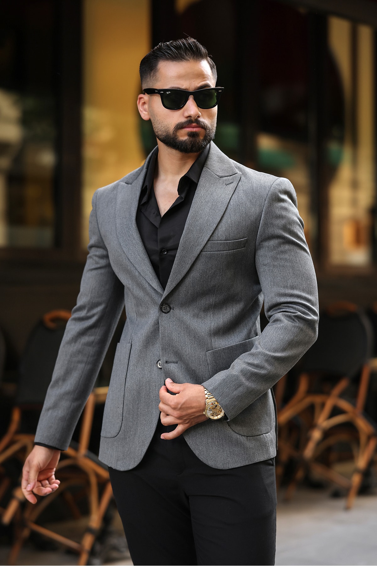 İTALYAN STİL SLİM FİT SİVRİ YAKA ERKEK TEK CEKET ACI KAHVERENGİ - Gri