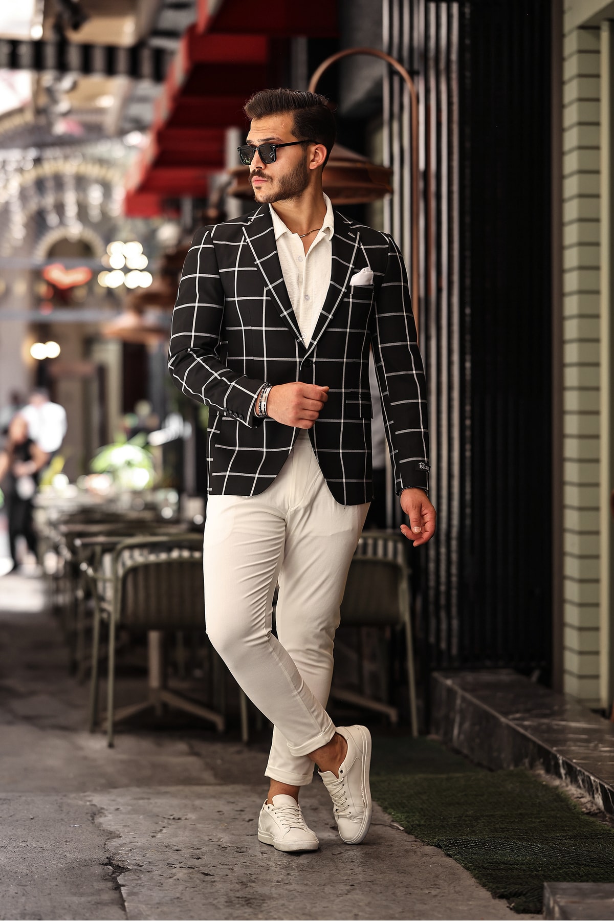 İTALYAN STİL MONO YAKA BLAZER CEKET ERKEK - Beyaz Kareli Siyah