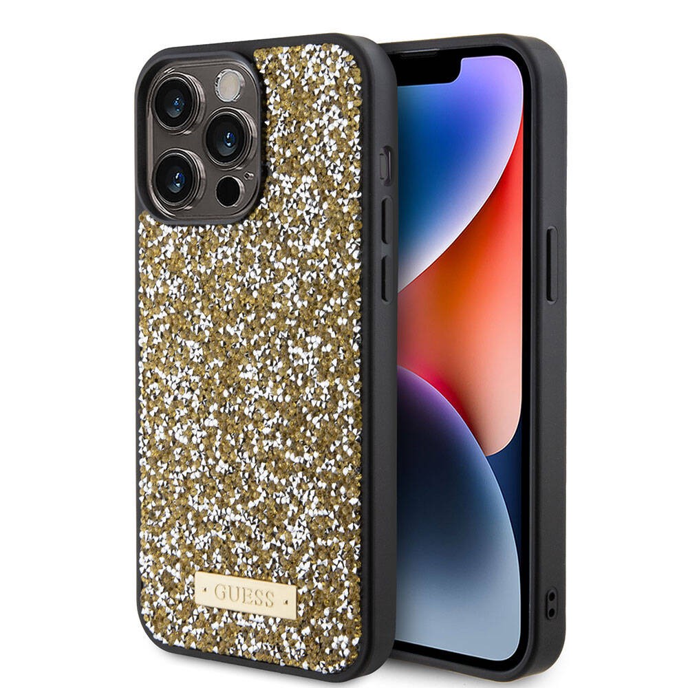 iPhone 15 Pro Max Kılıf Guess Orjinal Lisanslı Taşlı Arka Yüzey Metal Yazı Logolu Kılıf