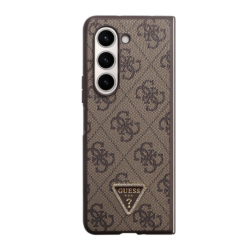 Galaxy Z Fold 5 Kılıf Guess Orjinal Lisanslı PU Deri Taşlı Üçgen Logo 4G Desenli Strass Kılıf
