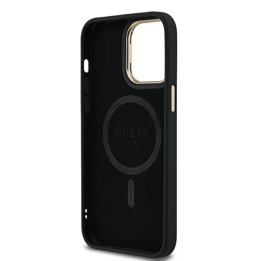 Apple iPhone 13 Pro Max Kılıf Guess Orjinal Lisanslı PU Deri Taşlı Üçgen Logo 4G Desenli Kamera Standlı Kapak