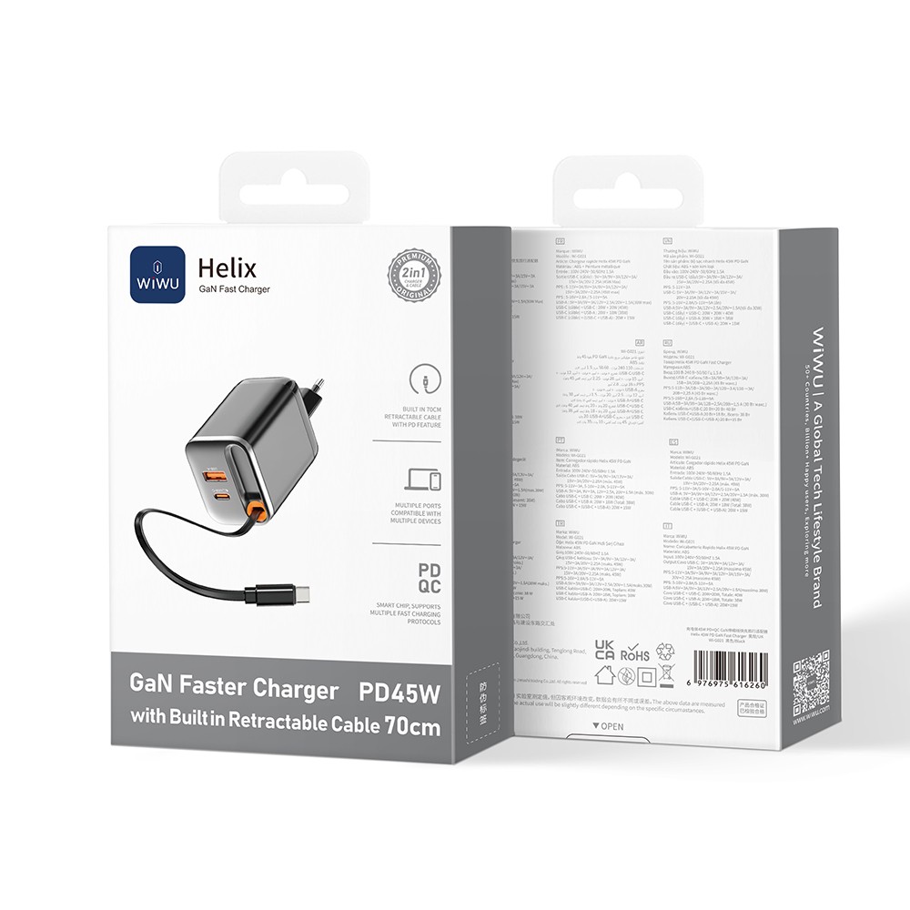 Wiwu Wi-G021 Helix Serisi GaN Teknolojili Hızlı Şarj Başlığı USB-A to Type-C PD 45W Type-C Kablolu Şarj Seti