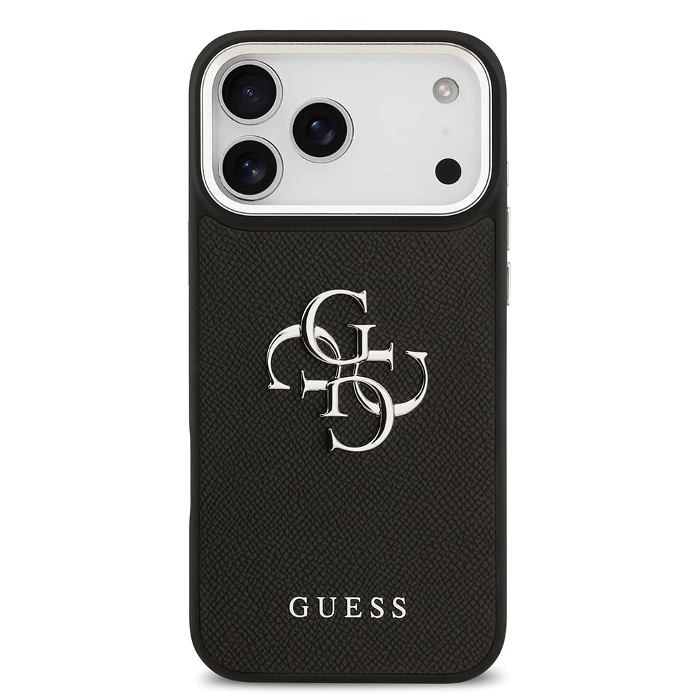Apple iPhone 17 Pro Max Kılıf Guess Orjinal Lisanslı Metal Kamera Çerçeveli Metal Büyük 4G ve Yazı Logolu PU Deri Kapak