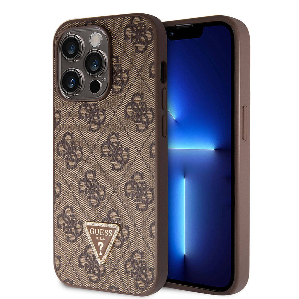 iPhone 14 Pro Max Kılıf Guess Orjinal Lisanslı PU Deri Taşlı Üçgen Logo 4G Desenli Kılıf