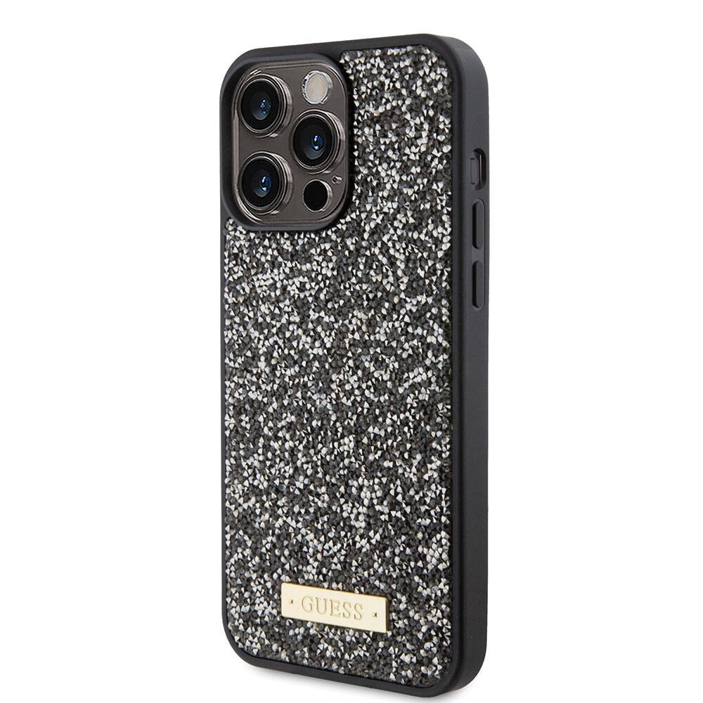 iPhone 15 Pro Max Kılıf Guess Orjinal Lisanslı Taşlı Arka Yüzey Metal Yazı Logolu Kılıf