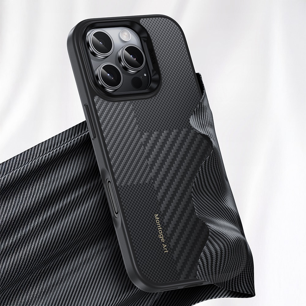 Apple iPhone 16 Pro Max Kılıf Karbon Fiber M-safe Şarj Özellikli Kamera Kontrol Butonlu Benks Hybrid ArmorPro Montage Kevlar Kapak